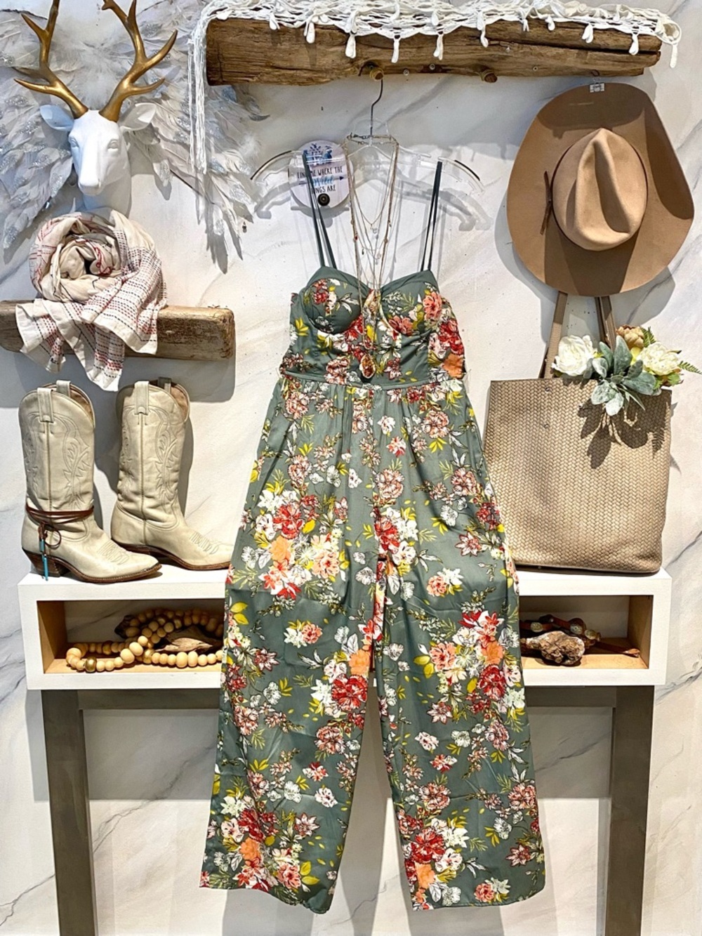 Trendy sage floral boho jumpsuit w shabby chic Gypsy hippy resort vacay vibe